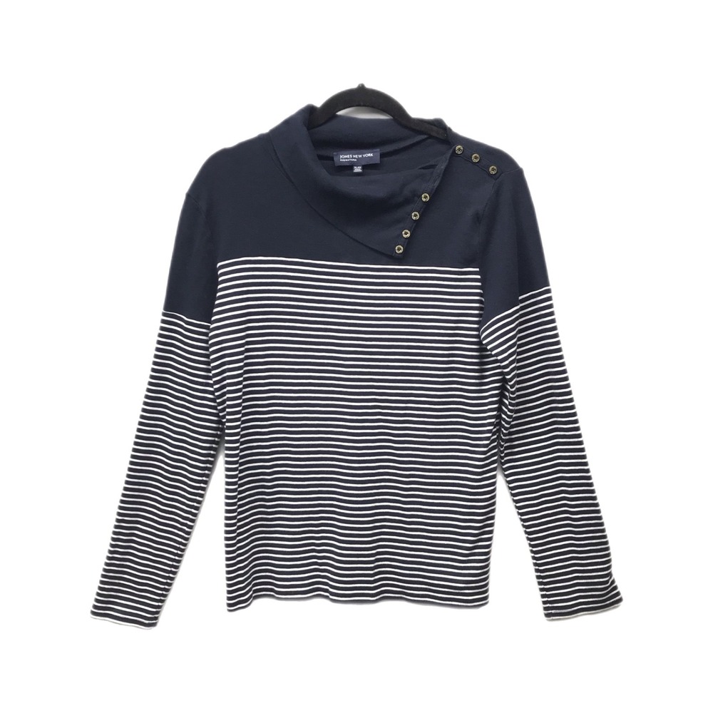 JONES NEW YORK Top Women's XL Navy Blue Striped Gold Button Cowl Neck Turtleneck